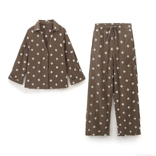 Women's 85% Cotton 15% Polyester Embroidered Shirt And Long Pants Set Geometric Diamond Embroidery Long Sleeve Button Up Top And Elastic Drawstring Waist Trousers Casual Boho 2 Piece Outfit