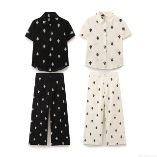 Women Summer Boho Polka Dot Geometric Embroidery Short Sleeve Shirt And Wide Leg Pants Set Casual Streetwear Cotton Blend Two Piece Outfit For Women