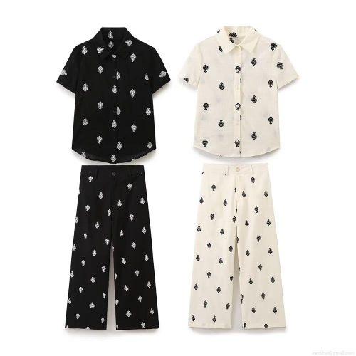 Women Summer Boho Polka Dot Geometric Embroidery Short Sleeve Shirt And Wide Leg Pants Set Casual Streetwear Cotton Blend Two Piece Outfit For Women