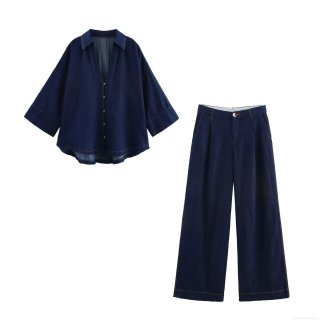 Women's Two Piece Denim Set Streetwear Oversized Wide Sleeve V Neck Shirt And High Waisted Wide Leg Pants Dark Blue Summer Casual Solid Outfit