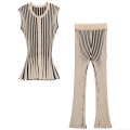 Women's Chic Knitted Striped Two Piece Set Sleeveless Button Down Vest And High Waist Flare Pants Casual Western Streetwear Fall Fashion Co-ords