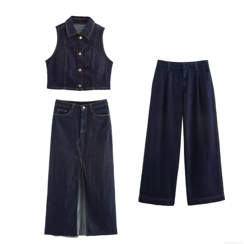 Women's Street Fashion Deep Blue Denim Three-Piece Set Lapel Sleeveless Waistcoat Top High Waist Wide Leg Pants And Slit Maxi Skirt Casual Urban Denim Outfit