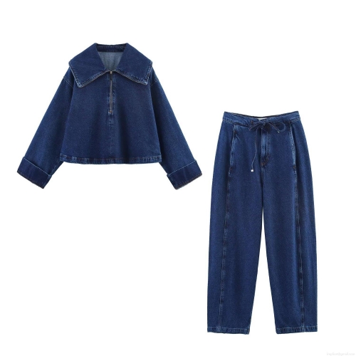 Women Denim Two Piece Set Long Sleeve Half Zip Lapel Jacket And Wide Leg Pants Streetwear Casual Solid Color Dark Blue Denim Suit For Women