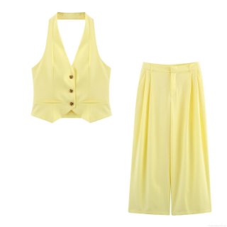 2025 Summer Women Halter Neck Waistcoat And High Waist Wide Leg Pants Two Piece Set Solid Color Polyester Streetwear Sleeveless Vest Trousers Outfit
