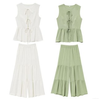 Women's 2-Piece Summer Set Sleeveless Tie-Up Peplum Top and Tiered Cake Wide Leg Pants Solid Color Textured Polyester Casual Streetwear Outfit