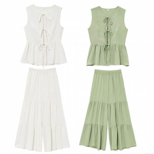 Women's 2-Piece Summer Set Sleeveless Tie-Up Peplum Top and Tiered Cake Wide Leg Pants Solid Color Textured Polyester Casual Streetwear Outfit