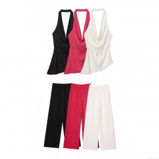 Women's 2 Piece Summer Outfits Halter Backless Deep V Neck Asymmetrical Top And High Waist Wide Leg Pants Textured Crepe Solid Casual Streetwear Sets