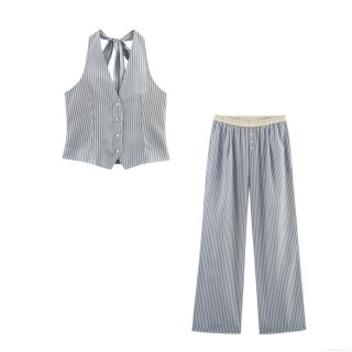 Women's Striped 2 Piece Outfits Halter Neck Sleeveless Crop Top and Wide Leg Pants Set Casual Summer Streetwear Stripe Two-Piece Pant Sets