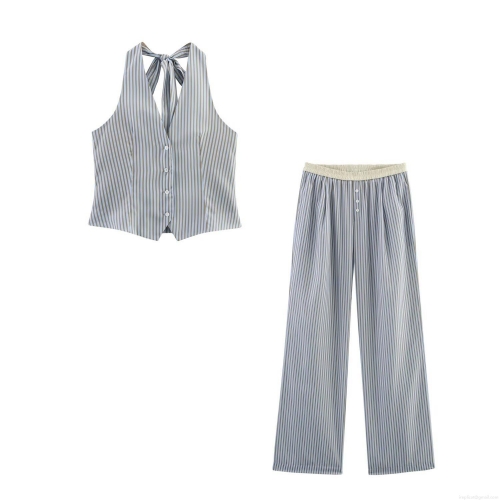 Women's Striped 2 Piece Outfits Halter Neck Sleeveless Crop Top and Wide Leg Pants Set Casual Summer Streetwear Stripe Two-Piece Pant Sets