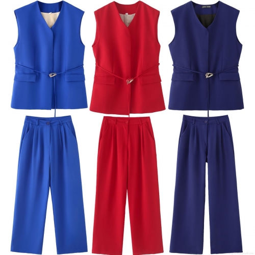Women's 2 Piece Business Casual Outfits Polyester Sleeveless V-Neck Vest With Belt High Waisted Wide Leg Pants Office Lady Street Style Set