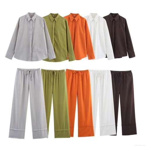 Women's Solid Color 2-Piece Set Long Sleeve Shirt And High Waist Wide Leg Pants Polyester Loose Streetwear Casual Outfits For Summer