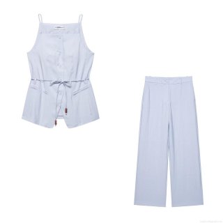 Women's Summer Two Piece Set 100% Polyester Woven Sleeveless Camisole Vest with Tie-Waist Wooden Beads and Wide Leg Straight Pants Casual Streetwear Outfit