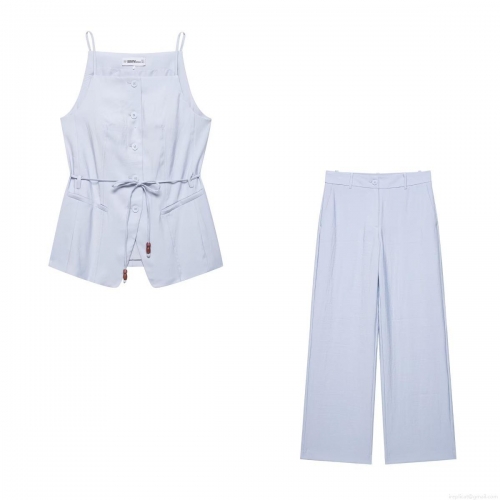 Women's Summer Two Piece Set 100% Polyester Woven Sleeveless Camisole Vest with Tie-Waist Wooden Beads and Wide Leg Straight Pants Casual Streetwear Outfit