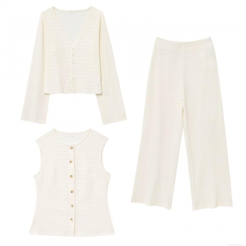Women's Three Piece Set Ribbed Knit Button Cardigan Vest And Wide Leg Pants Solid Color Loungewear Streetwear Cream White Comfortable Outfit For Women