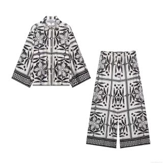 Women's Two Piece Set Tropical Floral Geometric Print Color Block Long Sleeve Button Down Shirt And High Waisted Wide Leg Pants Vacation Outfits