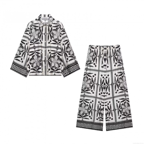 Women's Two Piece Set Tropical Floral Geometric Print Color Block Long Sleeve Button Down Shirt And High Waisted Wide Leg Pants Vacation Outfits