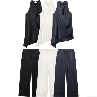 Women's 100% Polyester Satin Halter Top And Wide Leg Pants Two-Piece Set Elegant Asymmetrical Hem Sleeveless Vest And Drawstring Loose Trousers Summer Fashion Streetwear