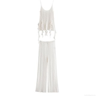 Women's Sexy White Lace Ruffle Camisole Top and Wide Leg Pants Set Two Piece Elegant Polyester Hollow Out Pleated Summer Streetwear Outfits for Women