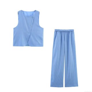 Women's Casual Two Piece Striped Outfits Round Neck Sleeveless Vest Top And Elastic Waist Wide Leg Pants Summer Streetwear Pants Set