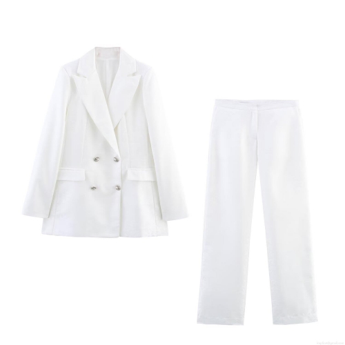 Women's Elegant White Blazer Suit Two-Piece Set Double-Breasted Jacquard Blazer and High Waist Straight-Leg Pants for Professional Office Lady Formal Evening Wear