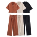 Women's Summer Casual 2 Piece Outfits Short Sleeve V Neck Button Down Shirt And High Waist Wide Leg Pants Set With Wood Beads Crinkled Texture Loose Streetwear