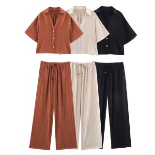 Women's Summer Casual 2 Piece Outfits Short Sleeve V Neck Button Down Shirt And High Waist Wide Leg Pants Set With Wood Beads Crinkled Texture Loose Streetwear