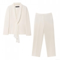 Women's Elegant Off White Two Piece Suit Set Polyester Scarf Collar Long Sleeve Blazer And High Waisted Straight Leg Pants For Office Commute Streetwear Outfits