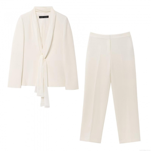 Women's Elegant Off White Two Piece Suit Set Polyester Scarf Collar Long Sleeve Blazer And High Waisted Straight Leg Pants For Office Commute Streetwear Outfits