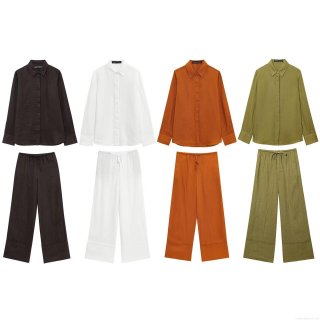 Women's Two Piece Set Long Sleeve Button Up Shirt And High Waist Wide Leg Pants With Drawstring Cotton Linen Texture Casual Solid Color Minimalist Streetwear Summer Vacation Outfits