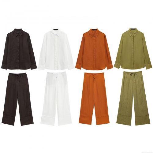 Women's Two Piece Set Long Sleeve Button Up Shirt And High Waist Wide Leg Pants With Drawstring Cotton Linen Texture Casual Solid Color Minimalist Streetwear Summer Vacation Outfits