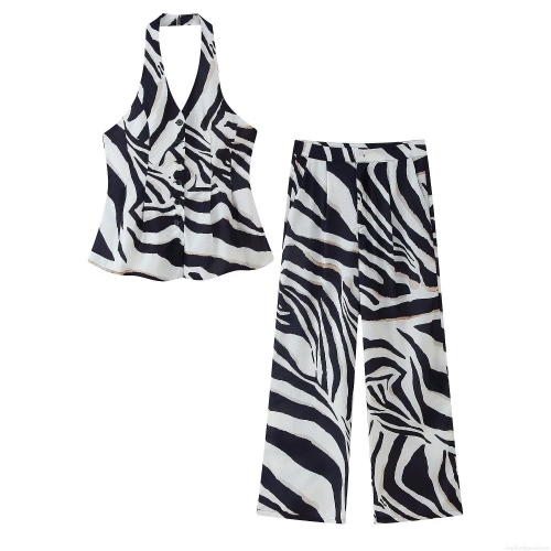 Women's Zebra Print Two Piece Set Polyester Sleeveless Halter Neck Button Vest Top And Wide Leg Pants Casual Summer Streetwear Chic Outfit