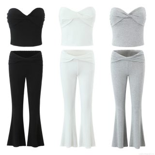 Women's Sexy Twist Knot Tube Top and High Waist Flare Pants Set 2 Piece Rayon Spandex Ribbed Knit Streetwear Summer Outfits