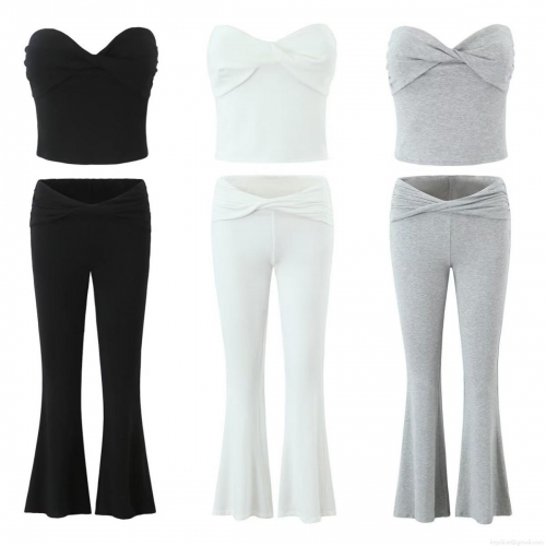 Women's Sexy Twist Knot Tube Top and High Waist Flare Pants Set 2 Piece Rayon Spandex Ribbed Knit Streetwear Summer Outfits