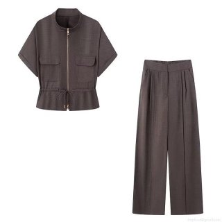 Women's Casual Two-Piece Set Polyester Stand Collar Short Sleeve Zipper Top And High Waist Wide Leg Pants Streetwear Summer Outfit