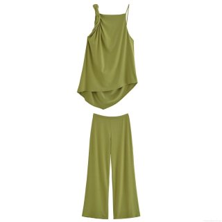 Women's Summer Two Piece Set Asymmetric Pleated Sleeveless Top And Wide Leg Pants Casual Streetwear Polyester Blend Outfits For Women