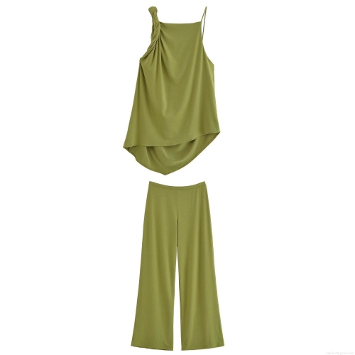 Women's Summer Two Piece Set Asymmetric Pleated Sleeveless Top And Wide Leg Pants Casual Streetwear Polyester Blend Outfits For Women