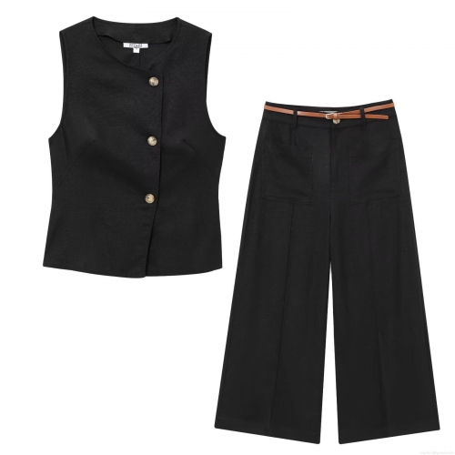 Women's 2-Piece Set Casual Cotton Linen Texture Sleeveless Vest Top And Wide Leg Pants With Belt Summer European Style Streetwear Outfit