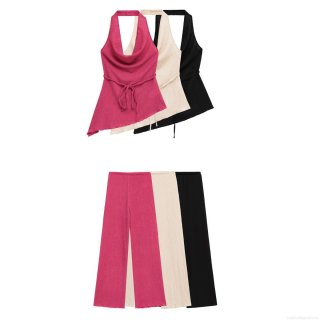 Women 2 Piece Outfits Crinkle Polyester Halter Neck Asymmetric Top And High Waist Wide Leg Pants Set Summer Streetwear Vacation Casual Wear