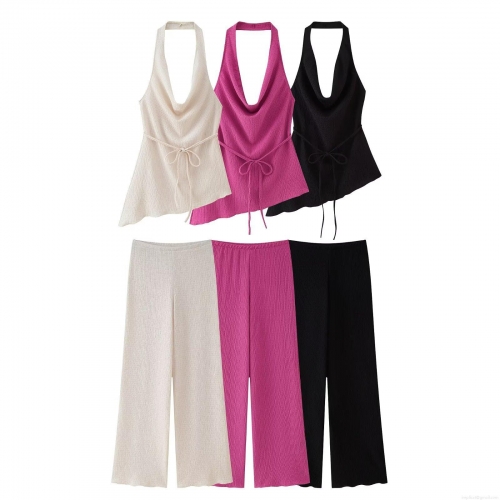 Women's Pleated Two Piece Set Asymmetrical Halter Backless Top And Wide Leg Pants Solid Color Summer Streetwear Outfits