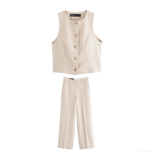 Women's Fashion Sleeveless Vest and Straight Leg Pants 2-Piece Set European Street Style Beige Herringbone Twill Polyester Woven Casual Outfit for Summer