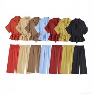 Women's 2-Piece Pants Set Polyester Cotton Linen Feel Short Sleeve Zip Up Shirt And High Waist Wide Leg Pants Casual Summer Outfits