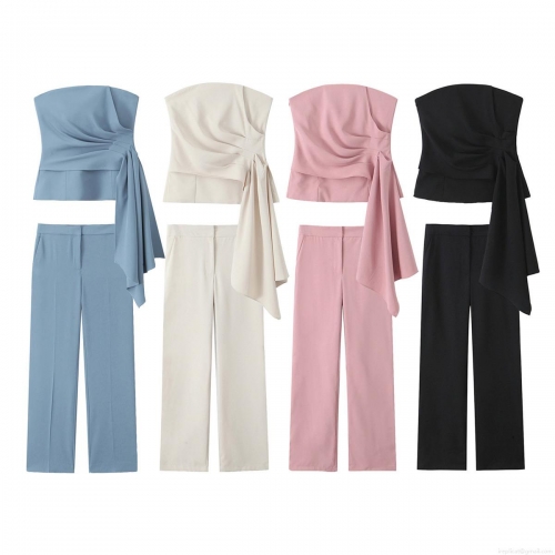 Women's Two Piece Set Strapless Asymmetrical Pleated Corset Top And High Waist Straight Leg Trousers Polyester Summer Party Streetwear Outfit