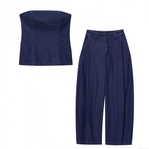 Western Style Dark Blue Denim Two-Piece Set Strapless Polyester Tube Top And High Waist Wide Leg Pants For Women Streetwear Casual Summer Outfits