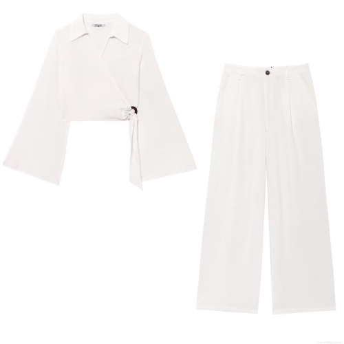 Women's Elegant 2 Piece Pants Set Long Sleeve V Neck Wrap Crop Top And High Waist Wide Leg Trousers Summer Casual Solid Color Streetwear Cotton Blend Polyester Outfit