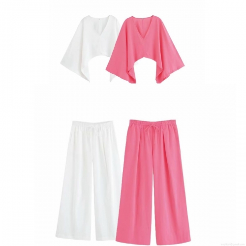 Women Summer 2-Piece Outfits Casual V Neck Batwing Sleeve Short Crop Top And High Waisted Drawstring Wide Leg Pants Set Solid Color Streetwear Suit For Women