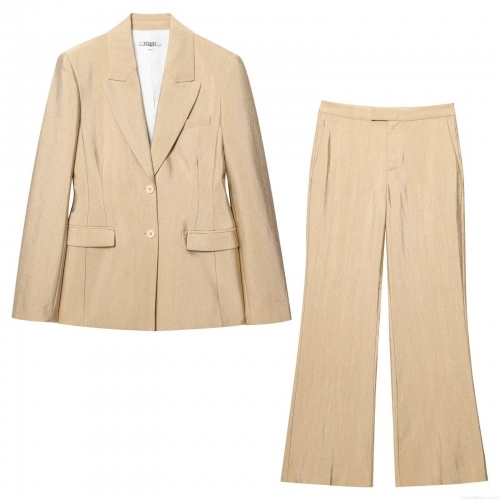 Women's Champagne Gold Metallic Blazer Suit Set Elegant Single Breasted Jacket And Wide Leg Pants Office Professional Two Piece Outfit