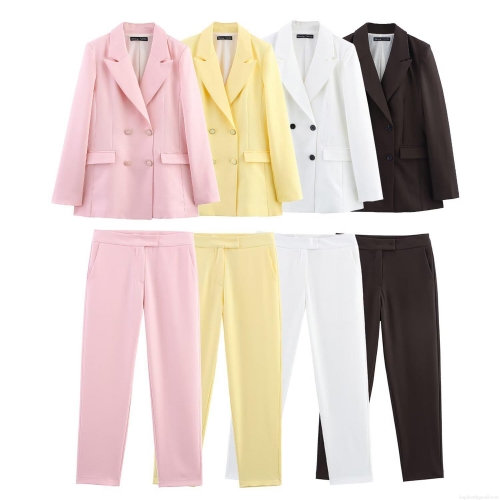 Women's Two Piece Suit Set Double Breasted Blazer and Straight Leg Trousers Business Office Wear Street Style Polyester Solid Color Outerwear Jacket and Pants