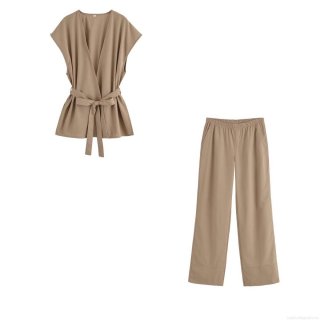 Women's 2025 Summer Street Style V Neck Sleeveless Belted Vest And Flare Pants Two Piece Co-ord Set Solid Color Khaki Casual Outfit For Women