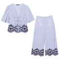 Women's Two-Piece Set Polyester Blue White Striped V-Neck Lace-up Top And High Waist Wide Leg Floral Embroidery Cropped Pants Summer Casual Streetwear