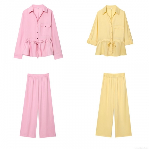 Women's Casual Solid Color Two Piece Set Lapel Long Sleeve Tie Waist Shirt and High Waist Wide Leg Pants Chiffon Texture Outfit Streetwear Vacation Two Piece Suit